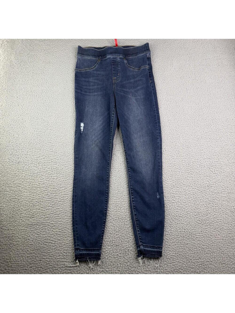 SPANX Raw Hem Blue Denim Pull On Skinny Jeans Women's Small (26x26.5) Mid Rise